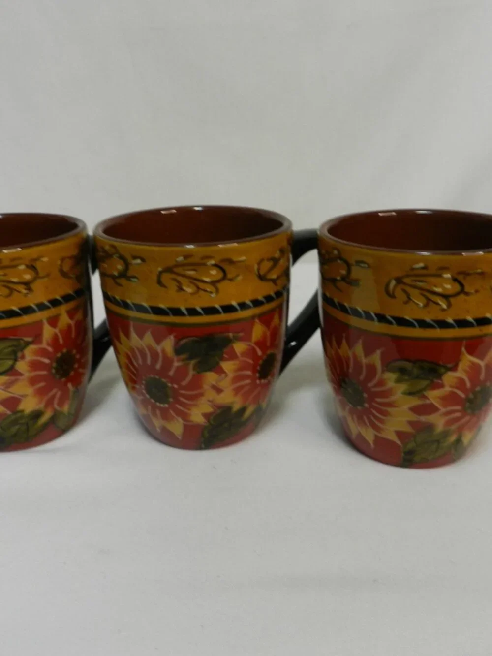 Pier 1 One Sunflower Hand painted Terracotta Mug Cup Set 3 floral Vintage